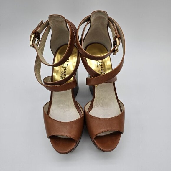 Michael Kors Gabriella Leather Wedge Sandals, Tan brown, Size 5.5 - Picture 10 of 13